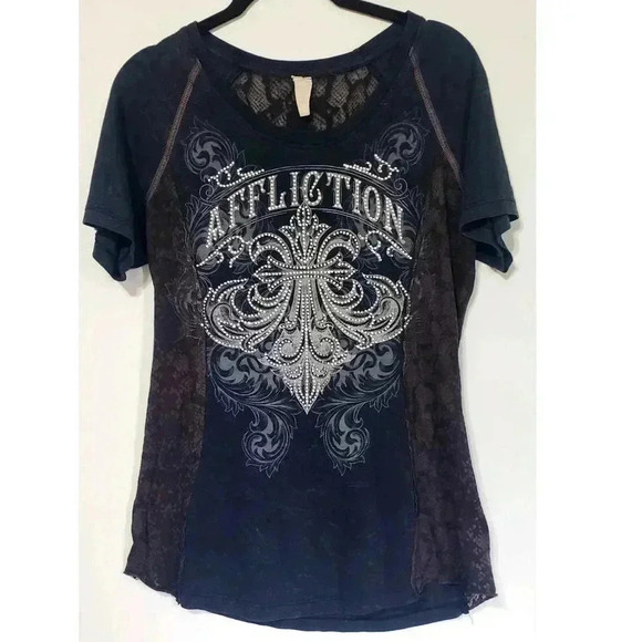 Affliction Tshirt‎ womens size large bling y2k vintage navy blue snakeskin - Picture 1 of 4